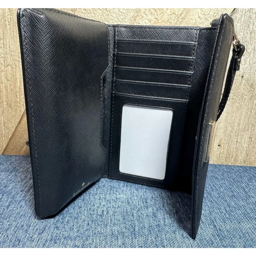 Black Kate Spade Saffiano Leather Trifold Wallet Gold-Toned Logo Plaque